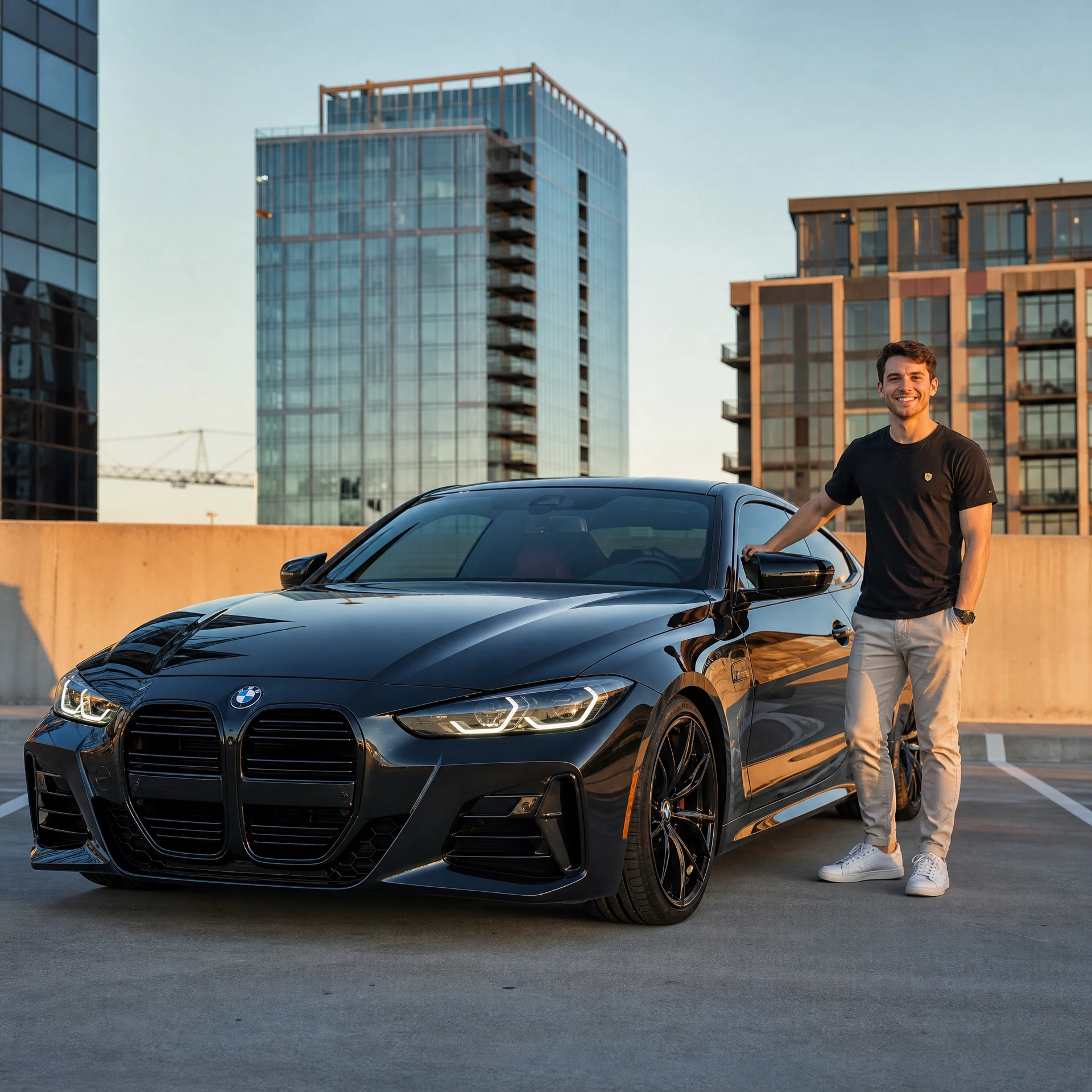 Homem ao lado de carro de luxo BMW/Mercedes