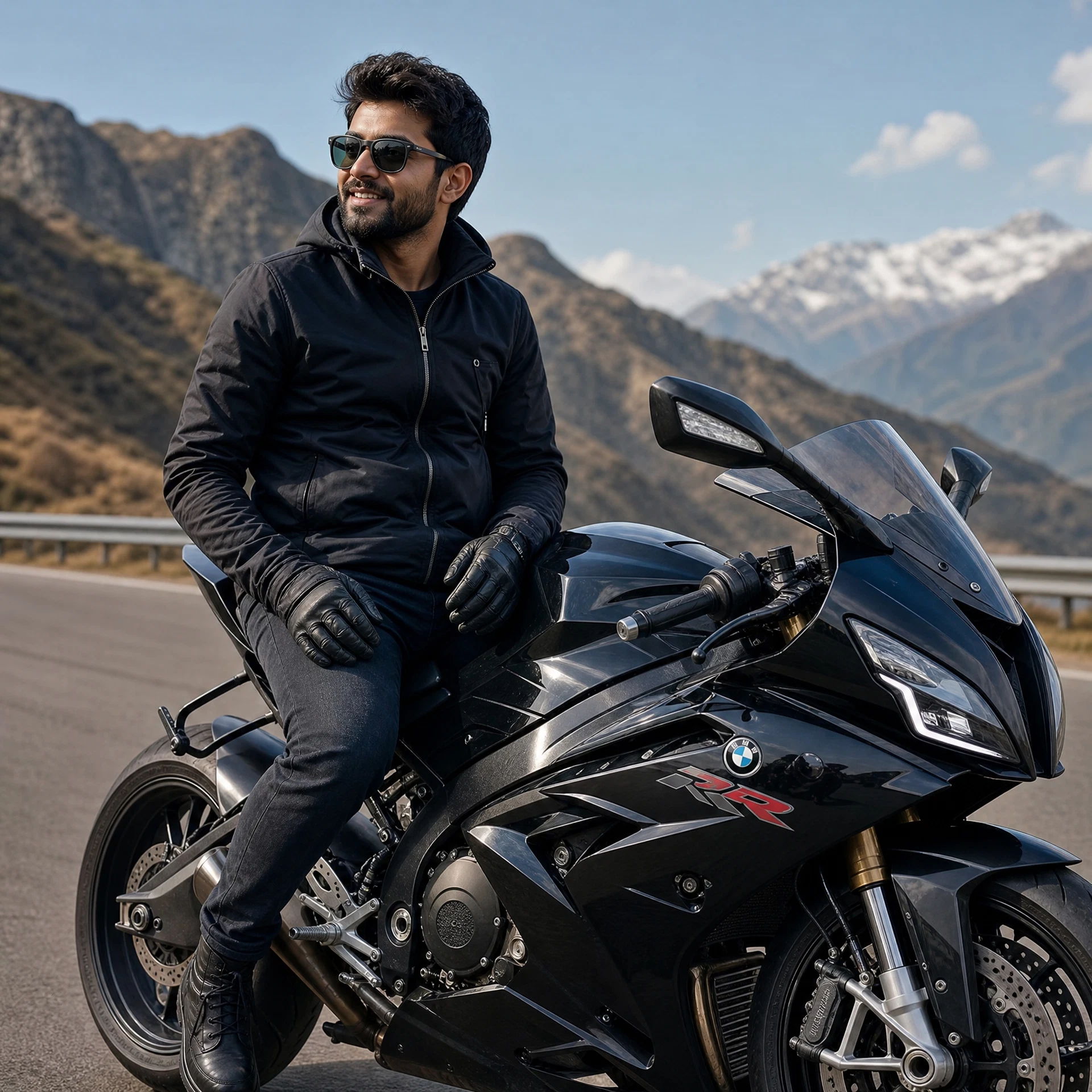Homem em moto premium em cenário cênico